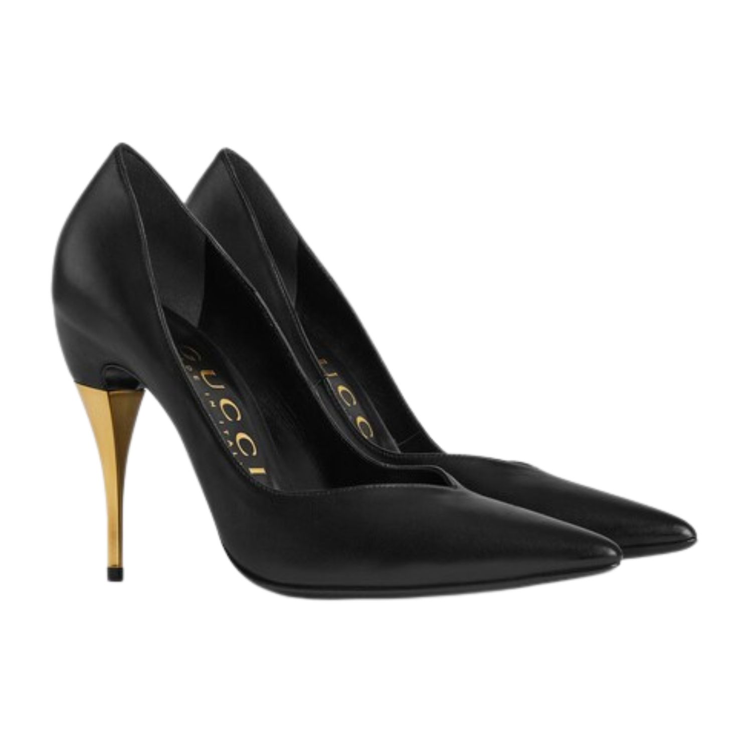GUCCI BLACK NAPPA CALFSKIN CHARLOTTE GOLD HEELS, Size: EU 35.5