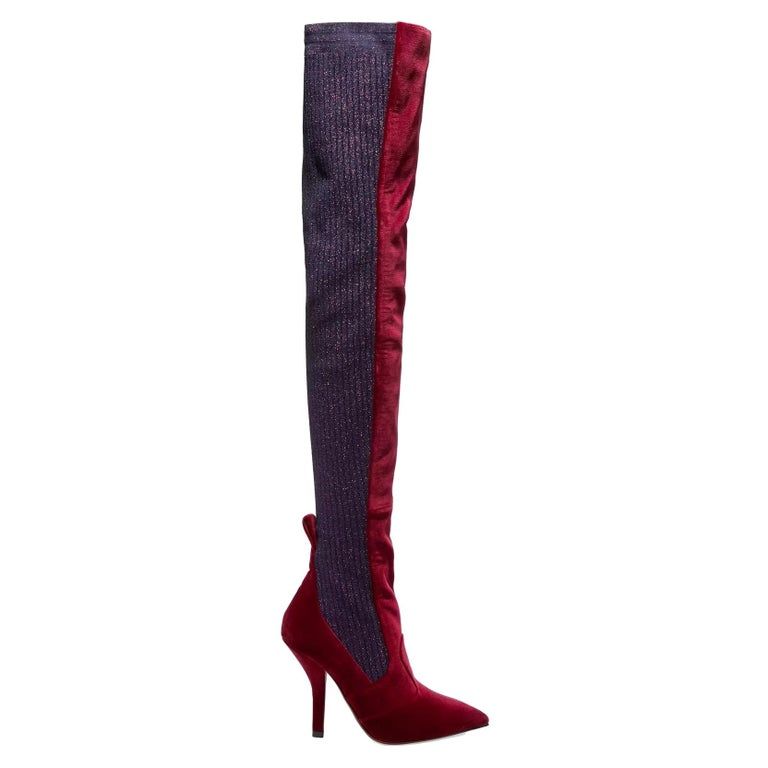 FENDI BURGUNDY ROCKOKO VELVET &amp; METALLIC RIBBED-KNIT THIGH BOOTS (36 EU)