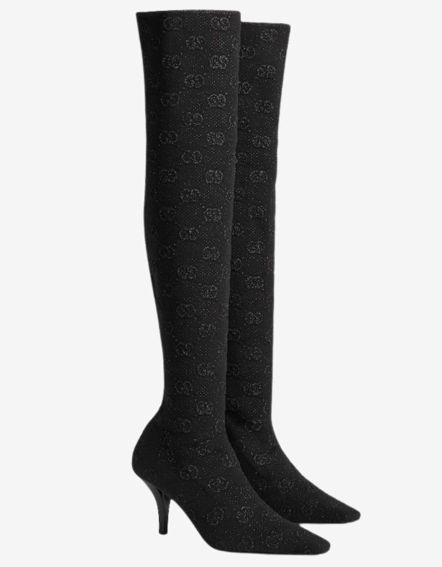 GUCCI DEMI SHIMMER GG BLACK KNIT OVER THE KNEE BOOT