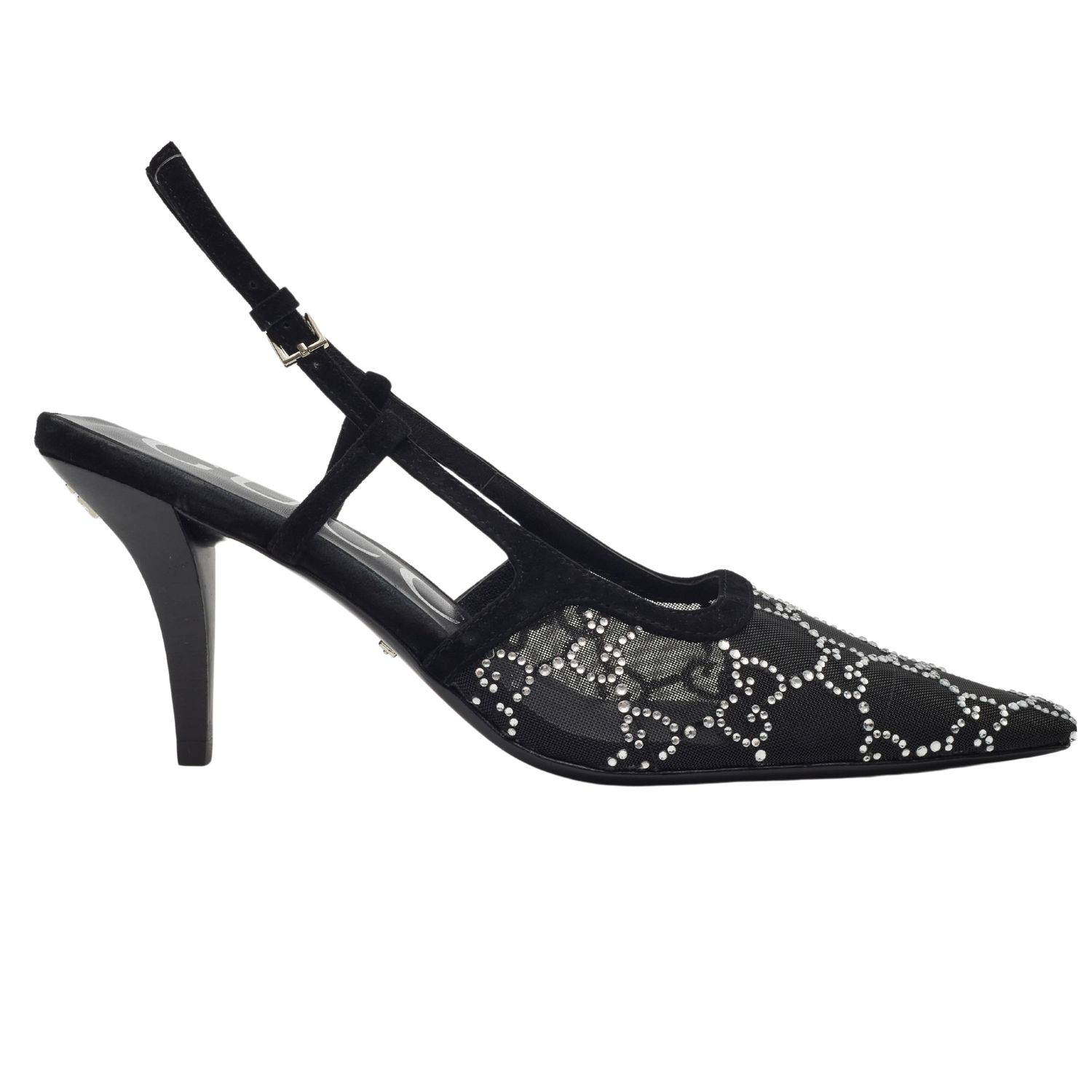 GUCCI GG CRYSTAL EMBELLISHED MESH BLACK SLINGBACK HEELS, Size: 37
