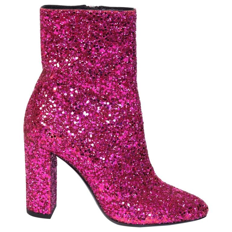 SAINT LAURENT PINK GLITTER HEEL BOOTS (36 EU)