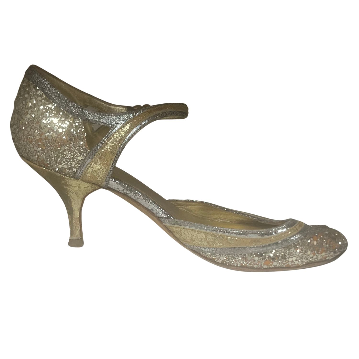 MIU MIU LIGHT GOLD GLITTER OPENTOE KITTEN HEEL (38)