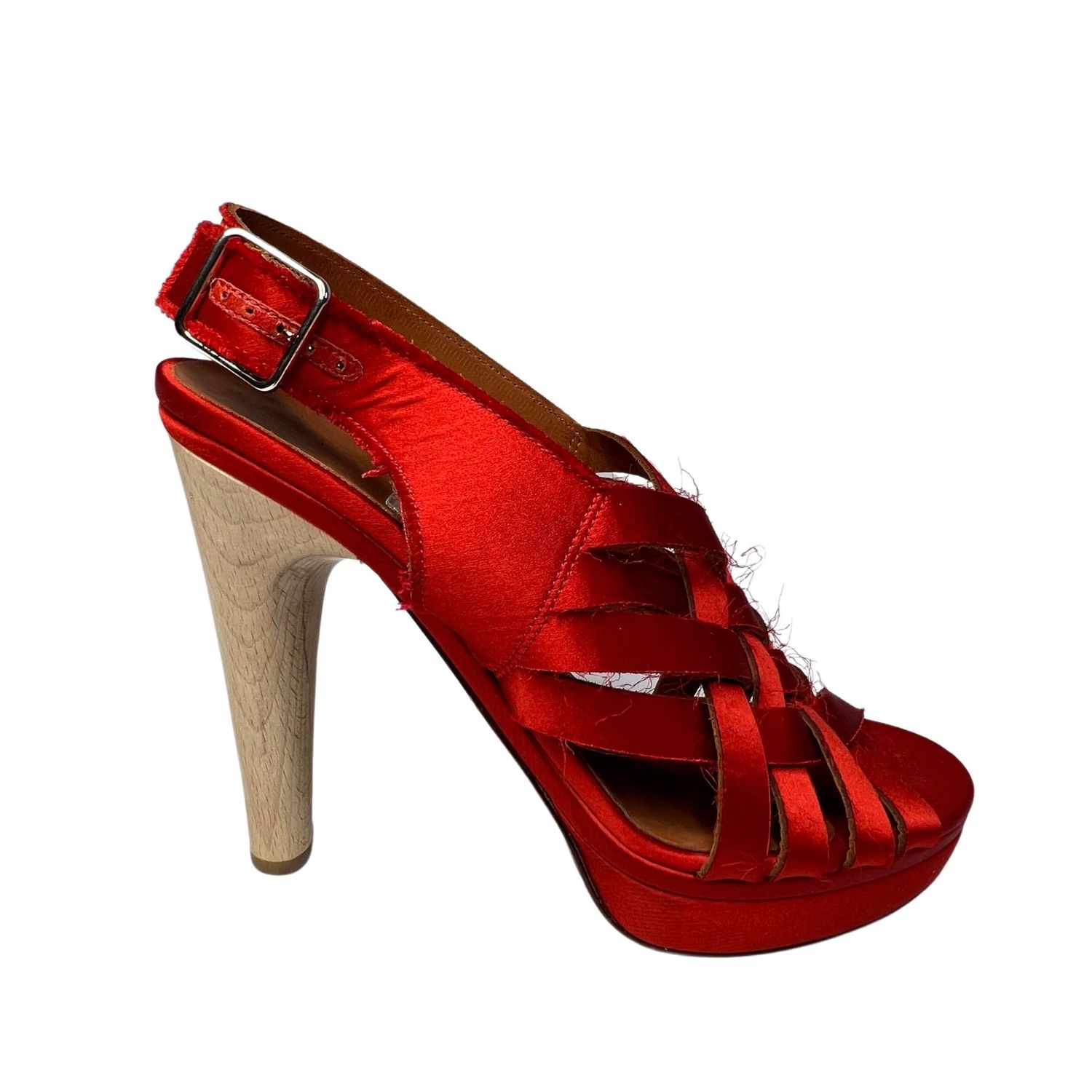 LANVIN RED SATIN WEAVE OPEN TOE BLOCK HEEL (EU 41)