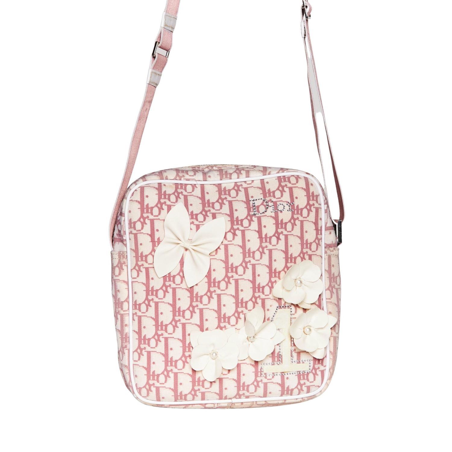 DIOR VINTAGE PINK FLOWER FLORAL TROTTER OBLIQUE MONOGRAM SIDE BAG (2002)