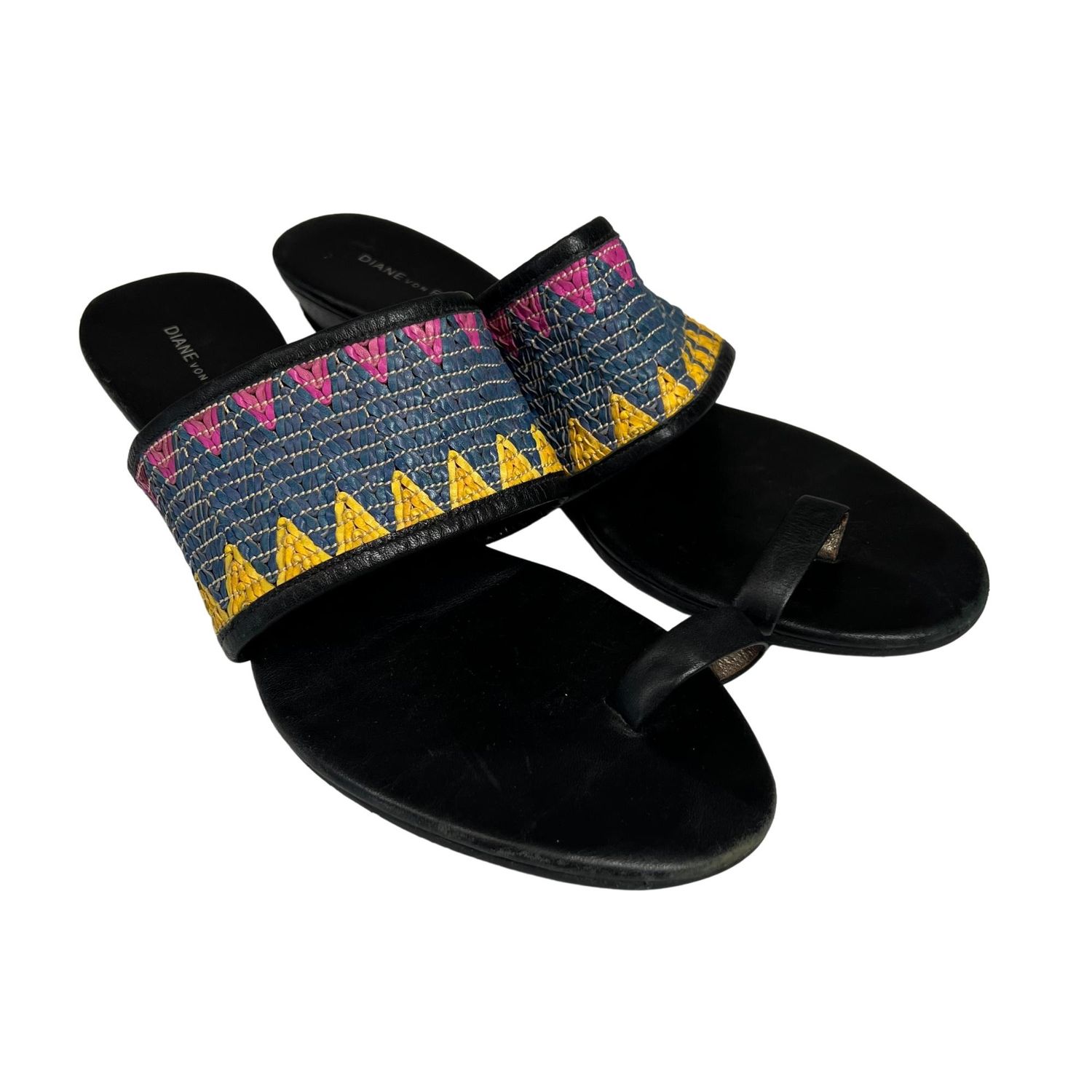 DIANE VON FURSTENBURG RAFFIA BLACK BLUE WEDGE SANDAL (US 7)