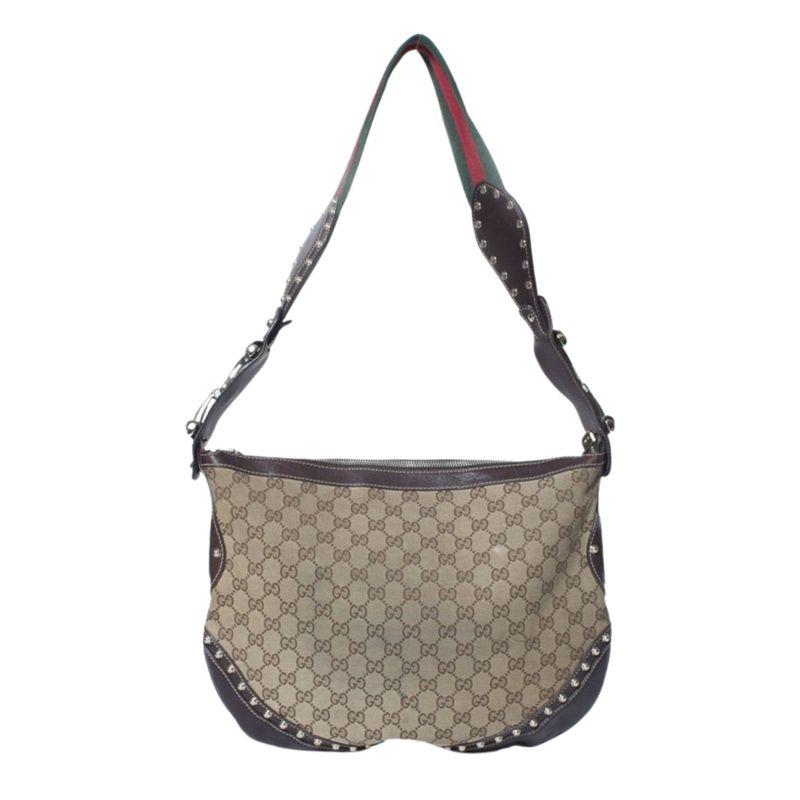 GUCCI BROWN GG CANVAS STUDDED SHOULDER BAG