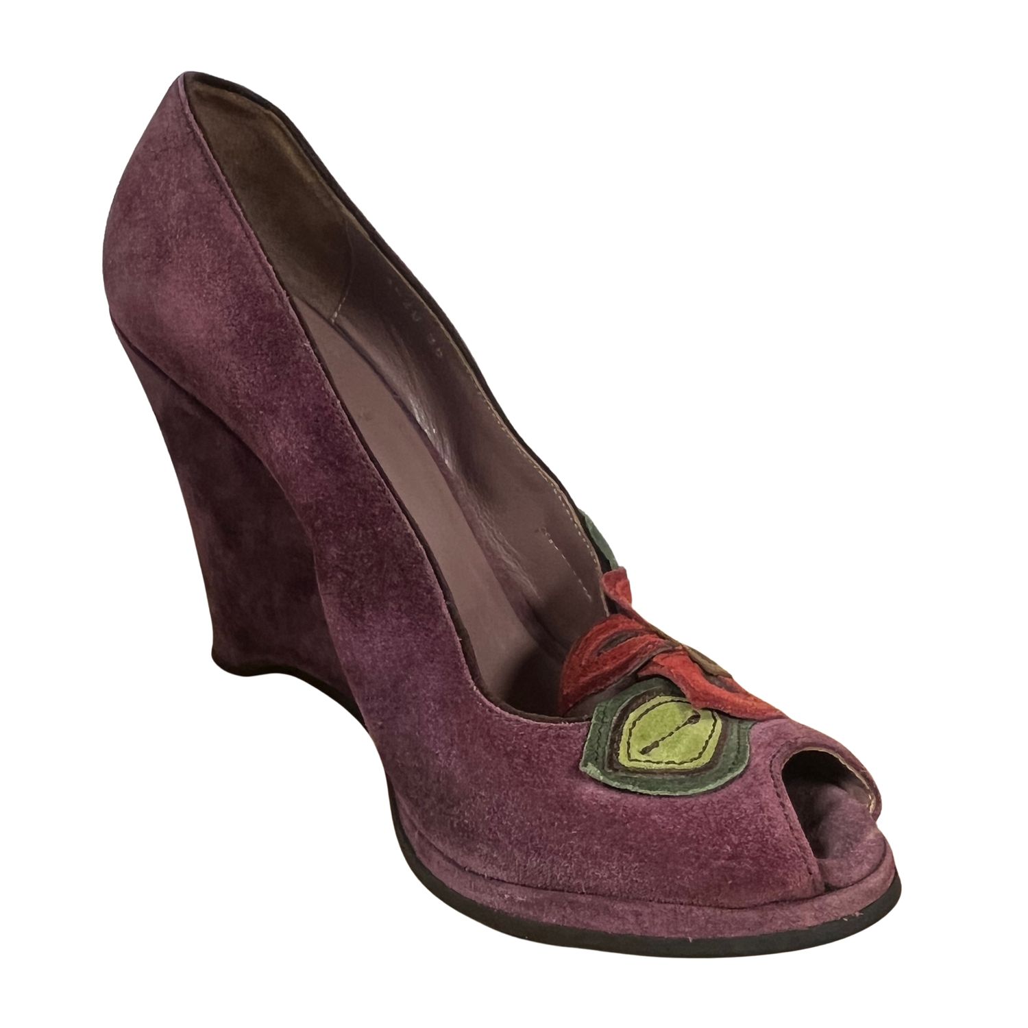 MIU MIU OPEN TOE PURPLE SUEDE FLORAL WEDGE (38)