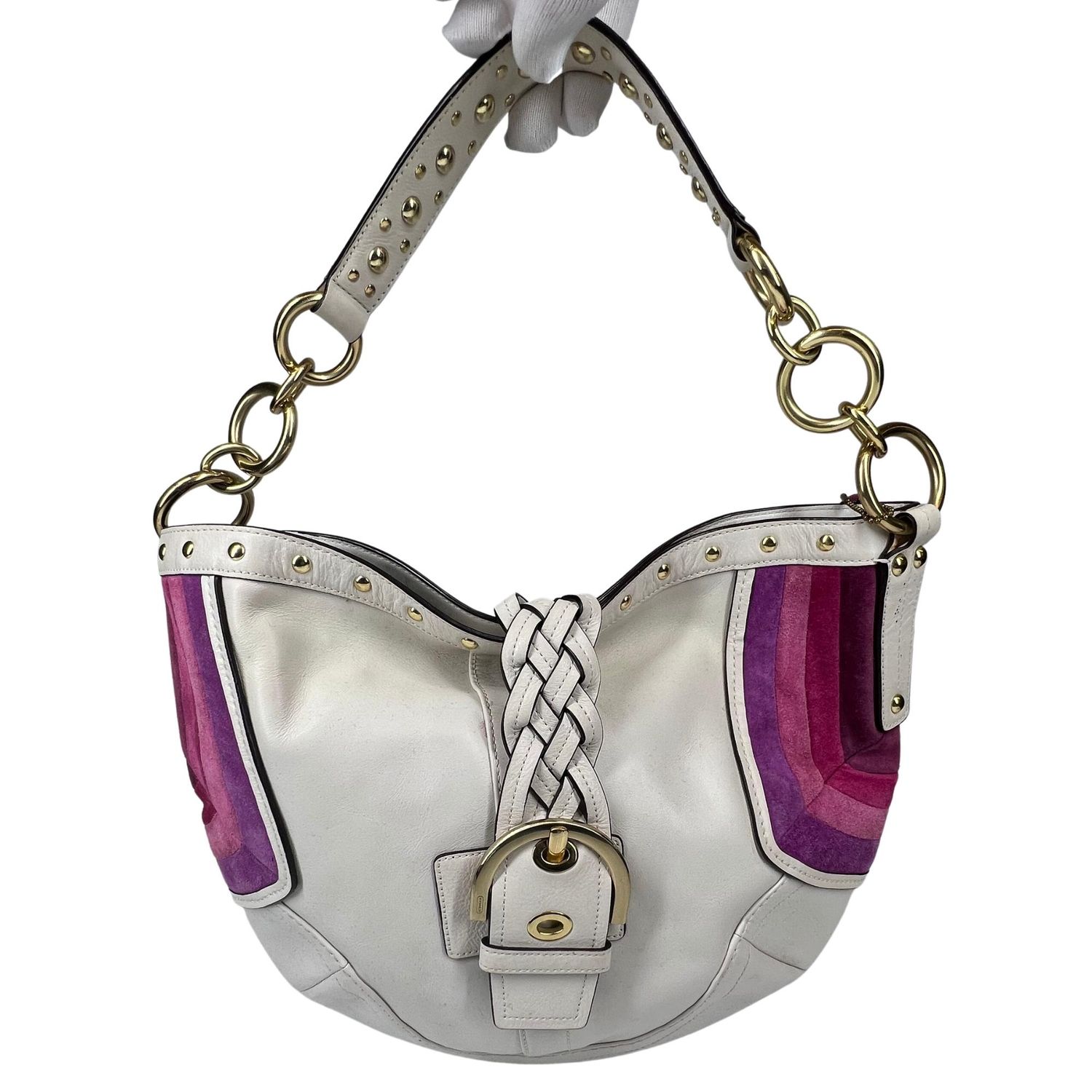 COACH CREAM &amp; BERRY LEATHER SADDLE BAG