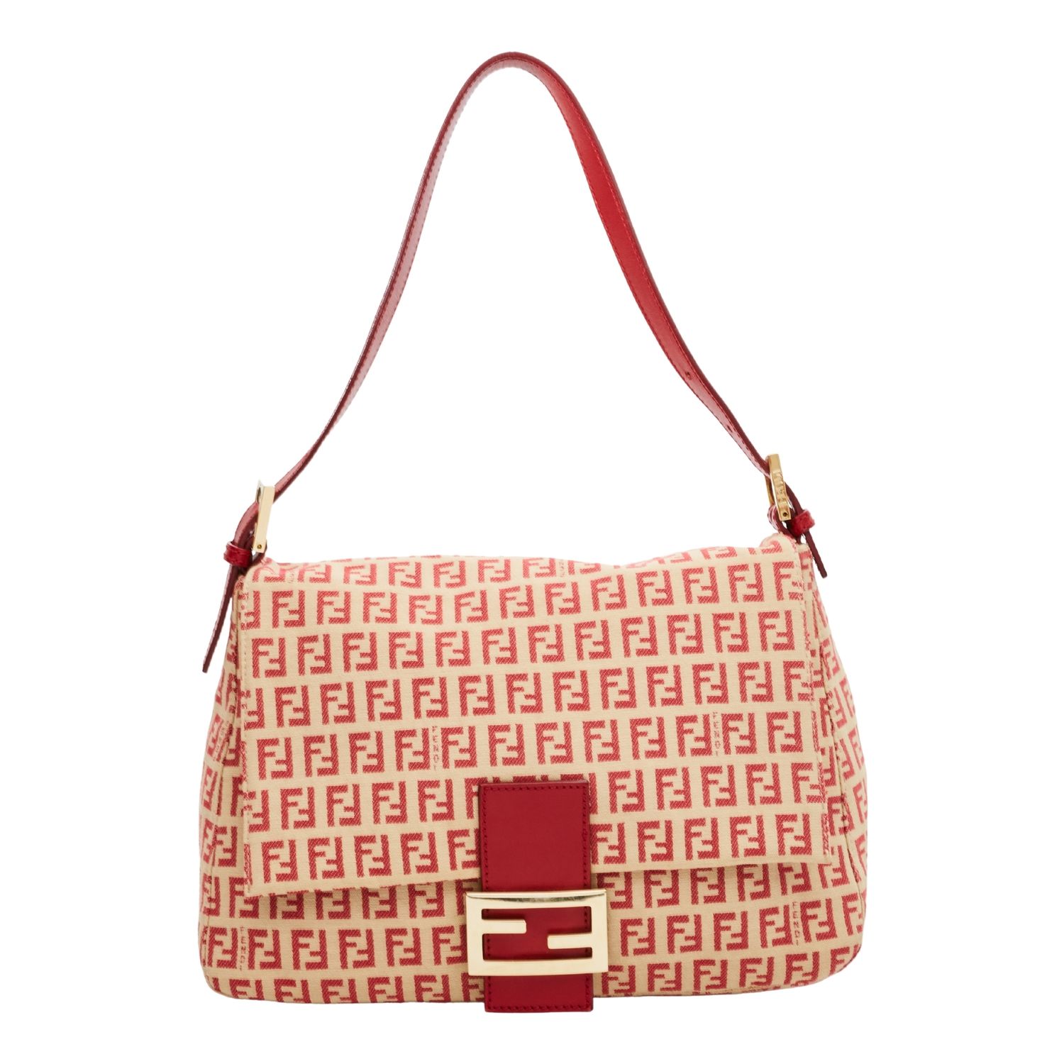 FENDI VINTAGE MAMA BAGUETTE ZUCHINO BEIGE RED SHOULDER BAG