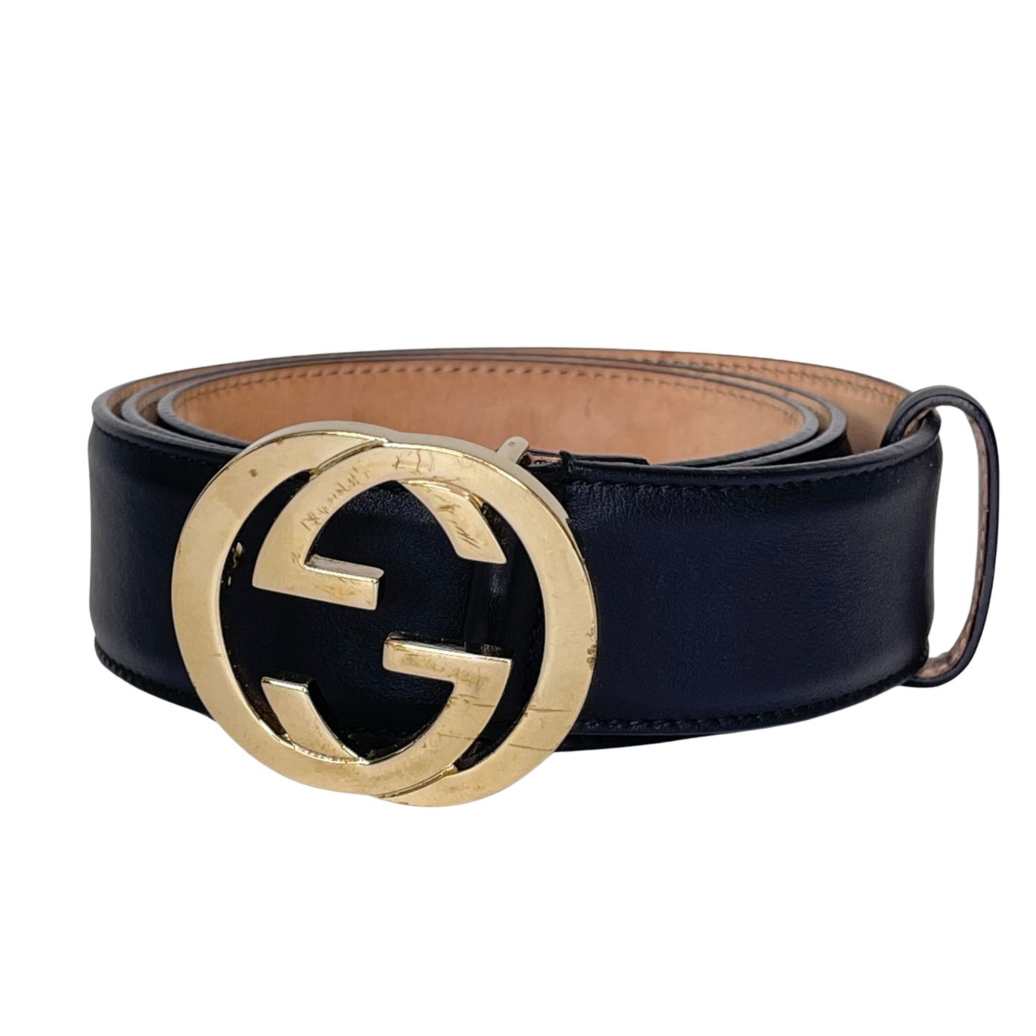 GUCCI BLACK LEATHER INTERLOCKING GG GOLD BUCKLE BELT (90/36)