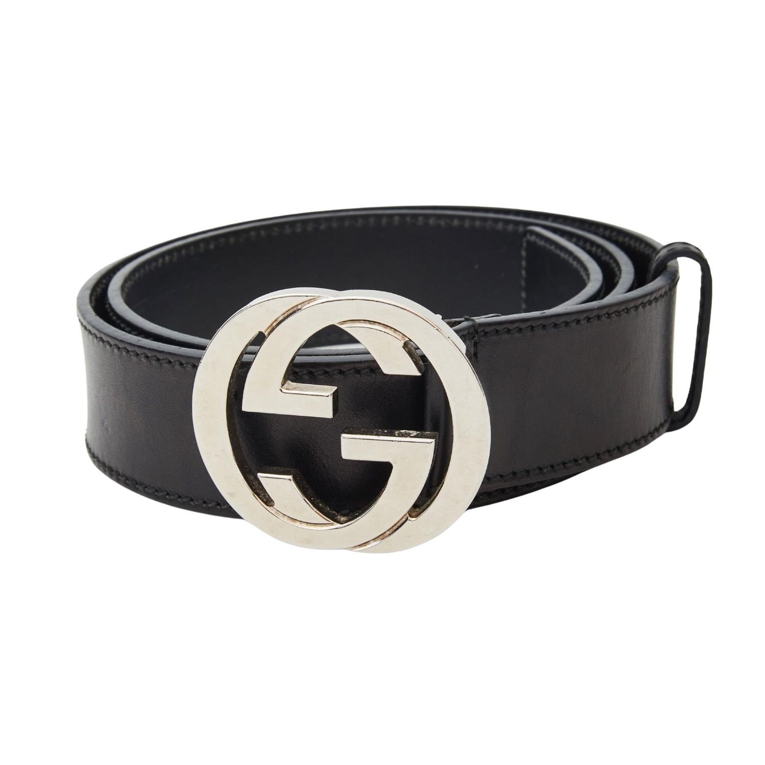 GUCCI INTERLOCKING GG SILVER BLACK LEATHER BELT (SIZE 90/36)