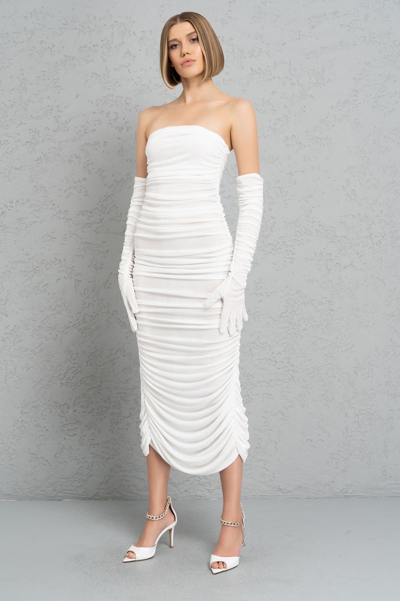 MEGAN SHIRRED TUBE DRESS WITH GLOVES (S) WHITE