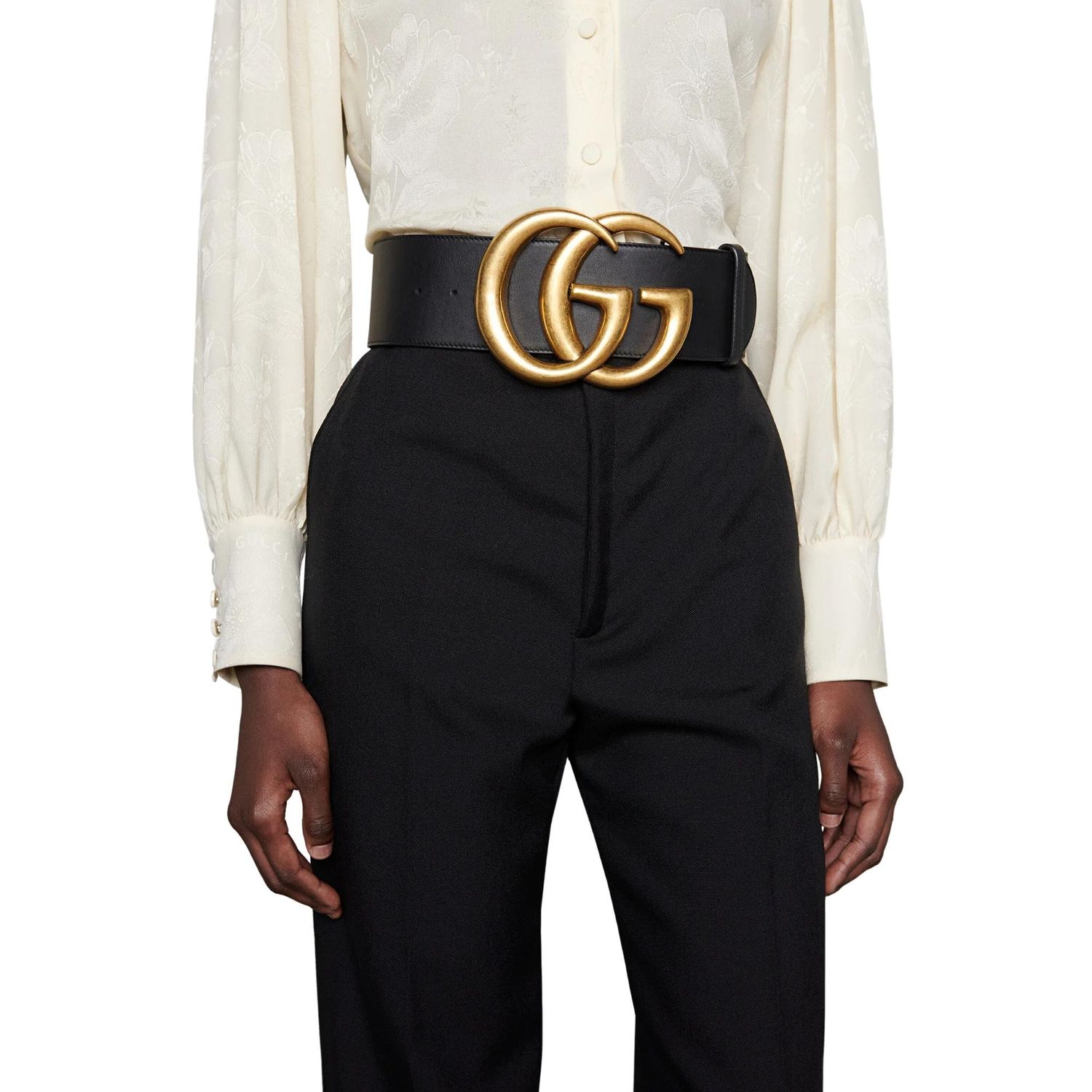 GUCCI CALFSKIN BLACK MARMONT GG WIDE BELT (75/30) 453265
