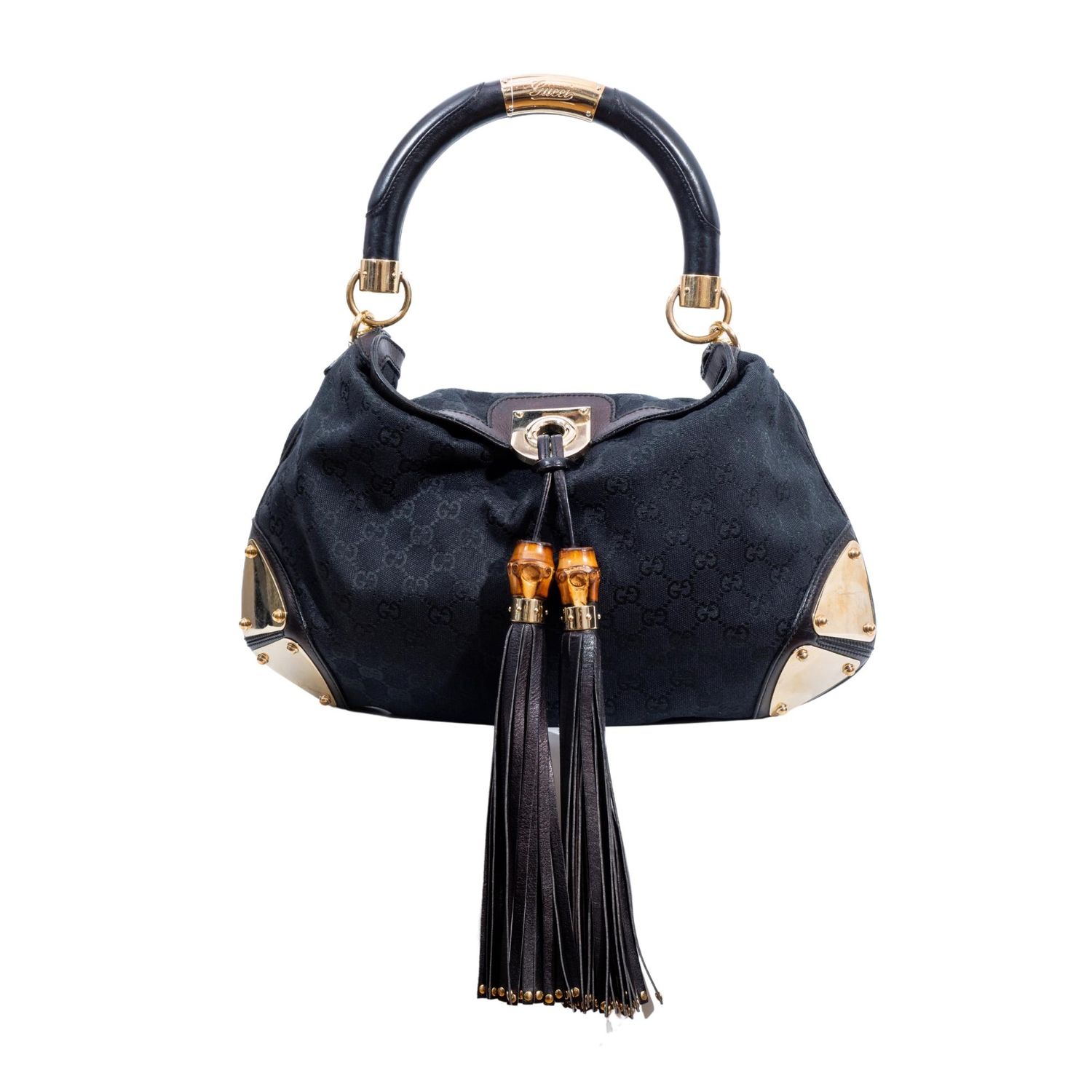 GUCCI MONOGRAM BLACK MEDIUM TOP HANDLE INDY HOBO BAG