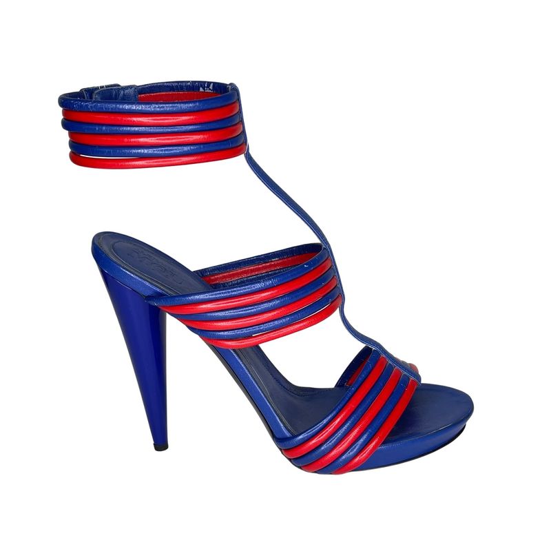 ALEXANDER MCQUEEN HENDRIX BLUE RED LEATHER SANDAL HEEL (39.5 EU)