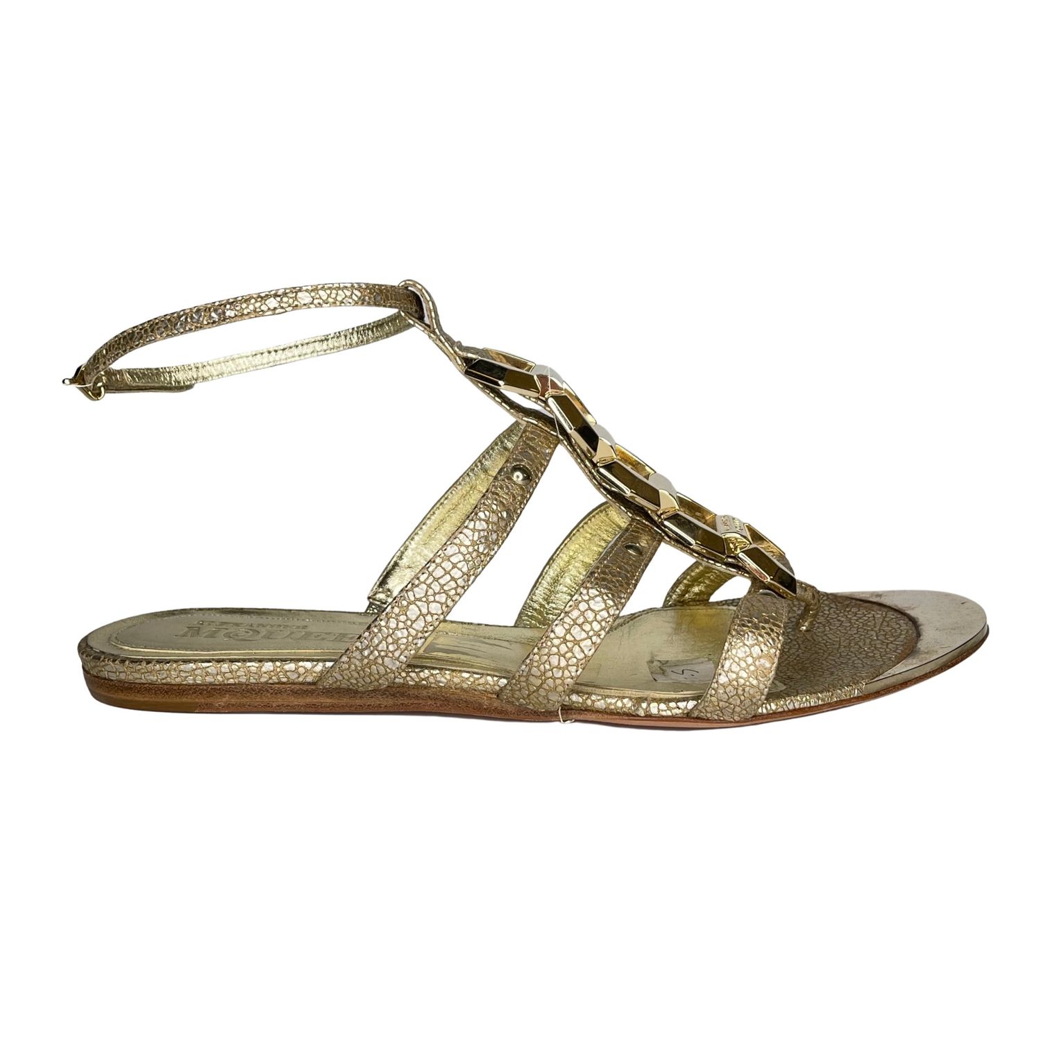 ALEXANDER MCQUEEN GOLD SNAKE EMBOSSED LEATHER SANDAL (39.5 EU) WOMEN’S