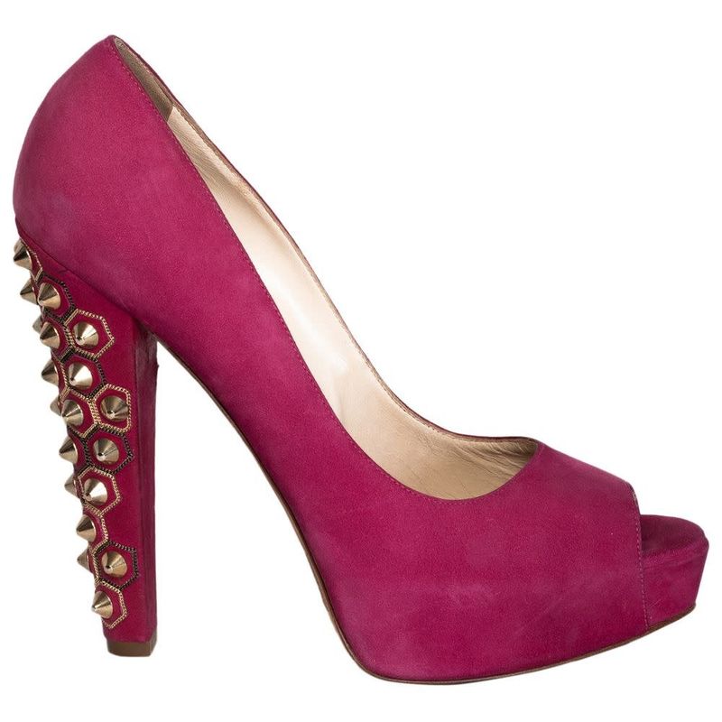 BRIAN ATWOOD RASBERRY SUEDE POWER STUDDED PEEP TOE PUMPS (39 EU)