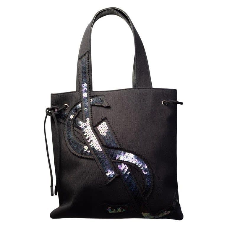 SAINT LAURENT CANVAS SAC MONOGRAM SEQUIN TOTE BAG (219365)
