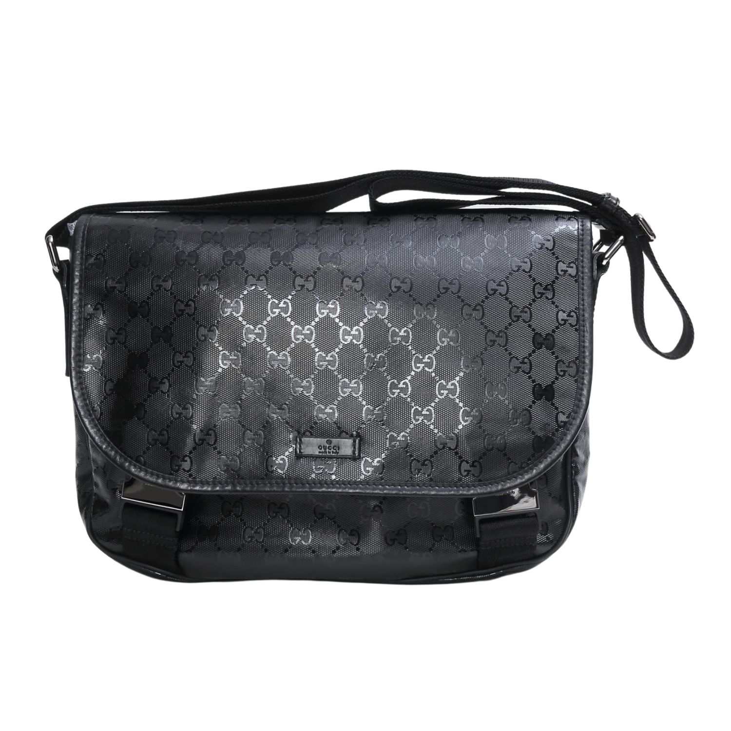 GUCCI BLACK IMPRIME MONOGRAM FLAP MEDIUM MESSENGER BAG