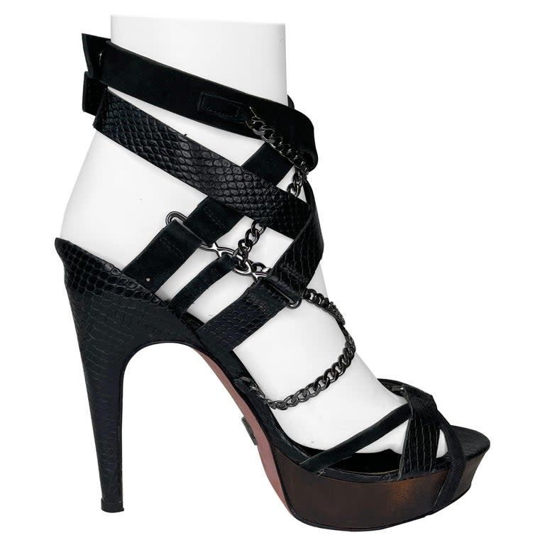 HERVE LEGER PYTHON EMB. STRAPPY STILETTO PLATFORM SANDAL (38.5 EU) BLACK