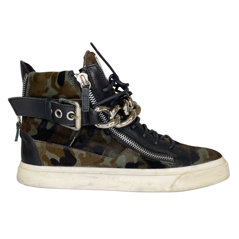 GIUSEPPE ZANOTTI CAMOUFLAGE CALF HAIR CHAIN LONDON HIGH TOP SNEAKERS (43 EU)