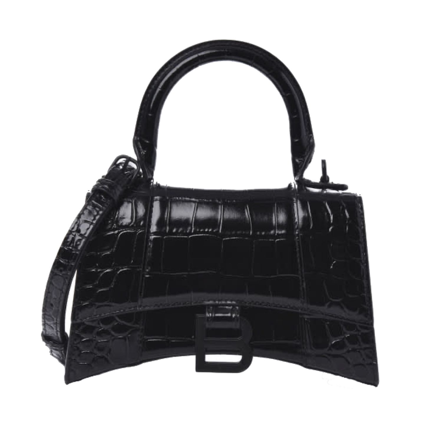 BALENCIAGA HOURGLASS XS CROC EMBOSSEDI BLACK HANDBAG