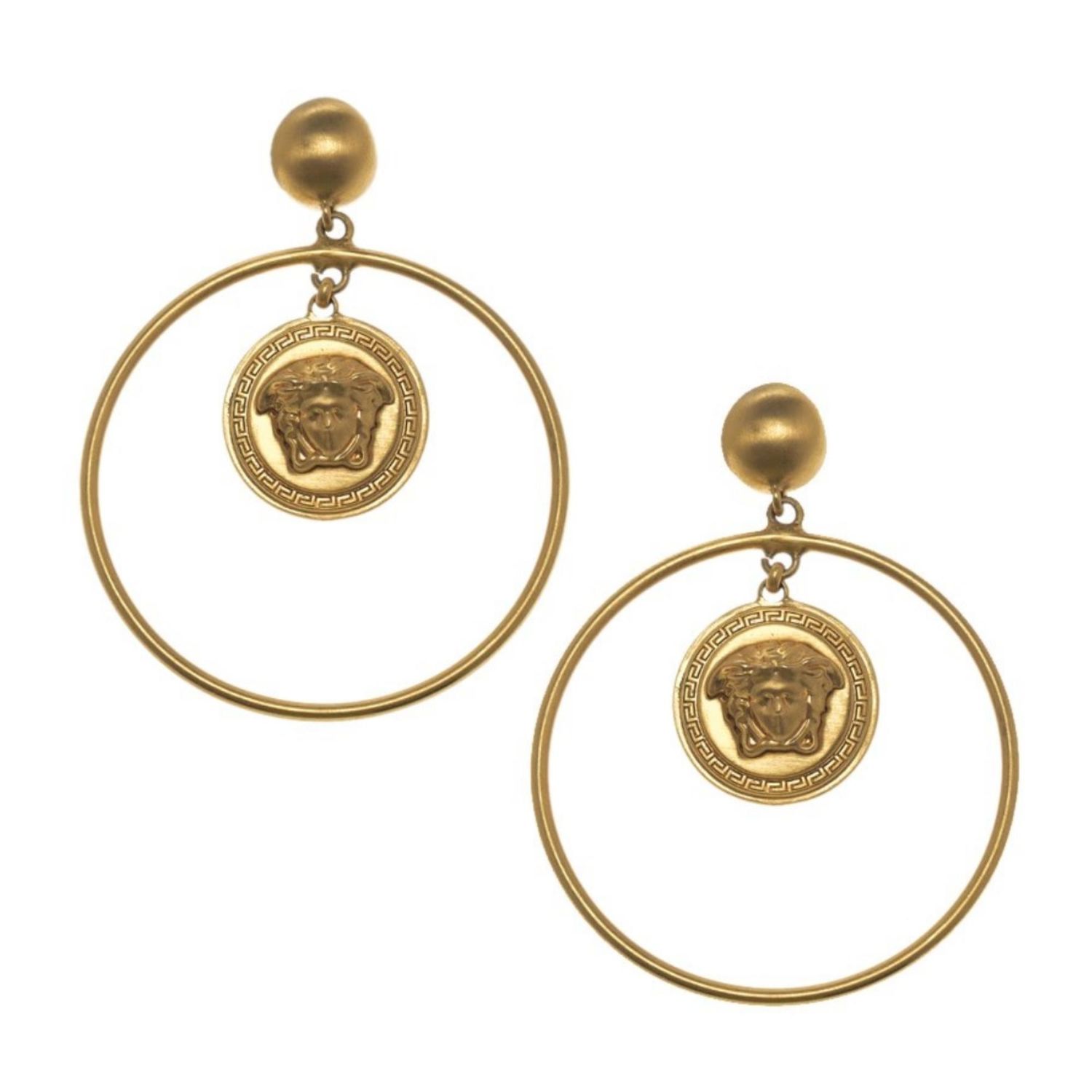 VERSACE GOLD TONE MEDUSA PENDANT HOOP EARRINGS
