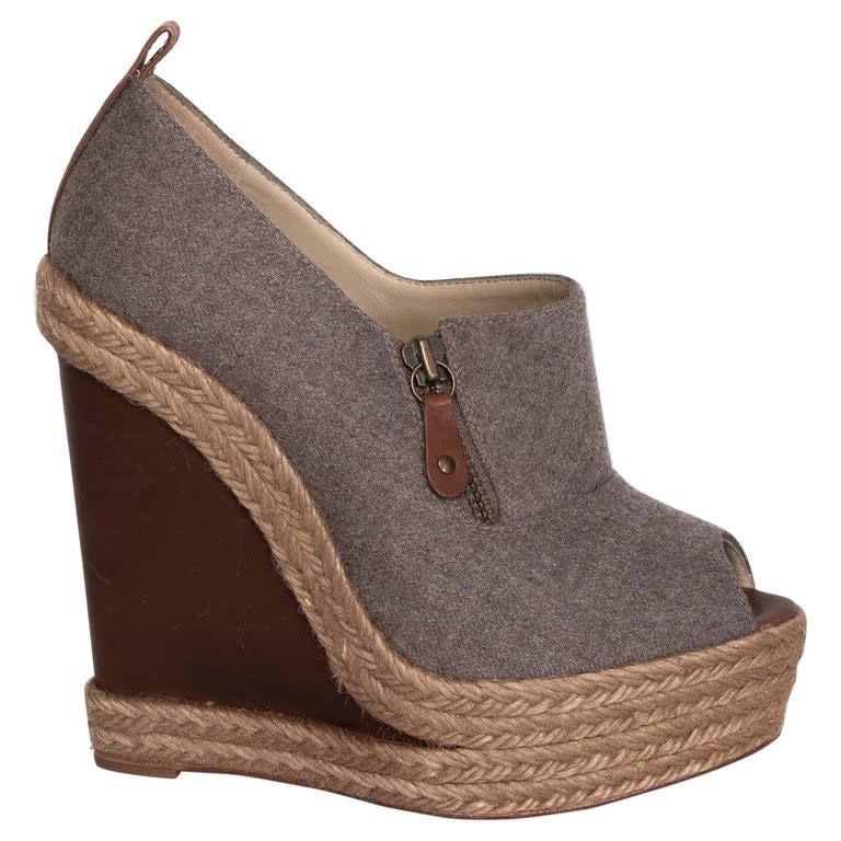 CHRISTIAN LOUBOUTIN GREY AND BROWN WOOL PEEP TOE DEROBA WEDGE ESPADRILLES (37 EU)