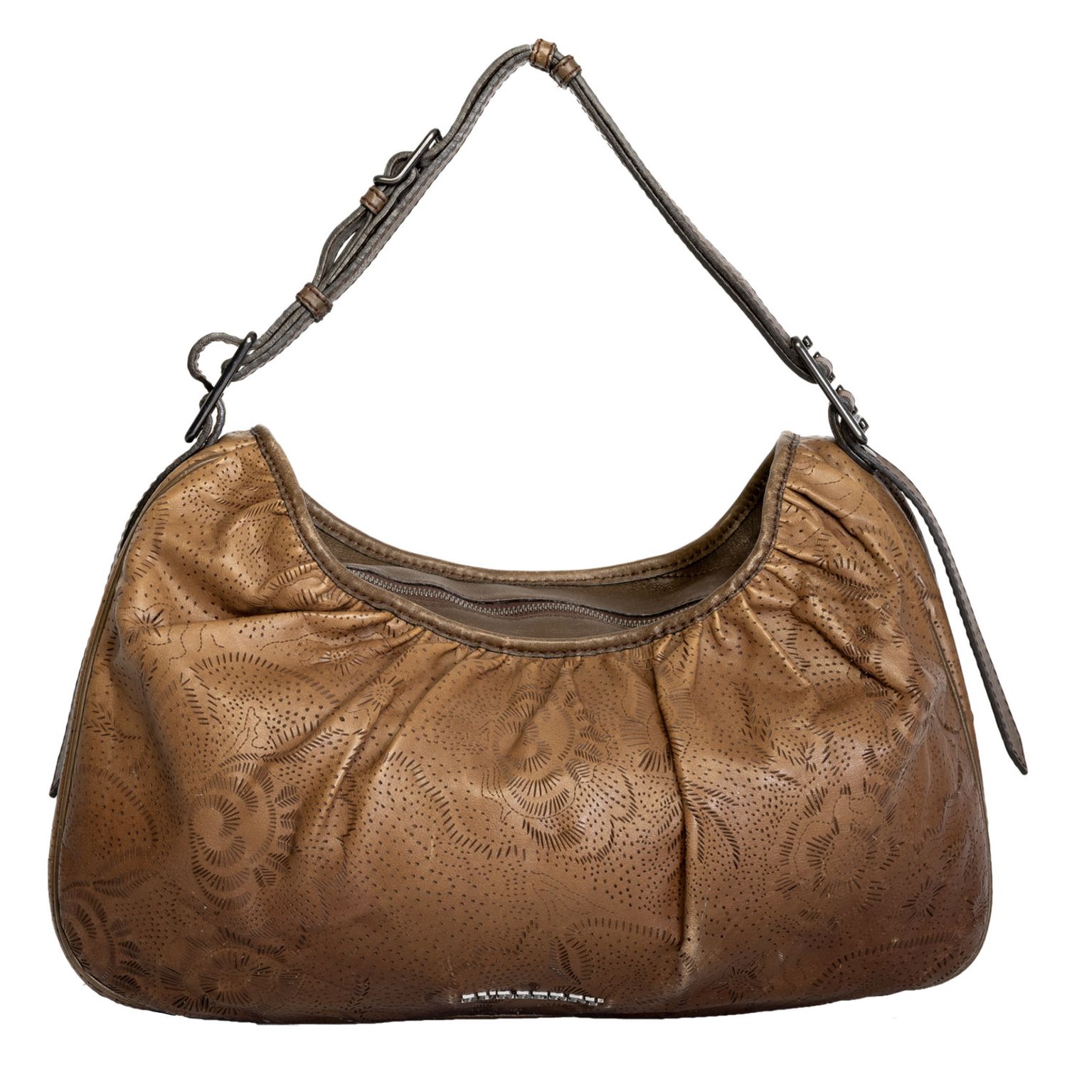 BURBERRY BROWN LEATHER LASER-CUT FLORAL HOBO BAG