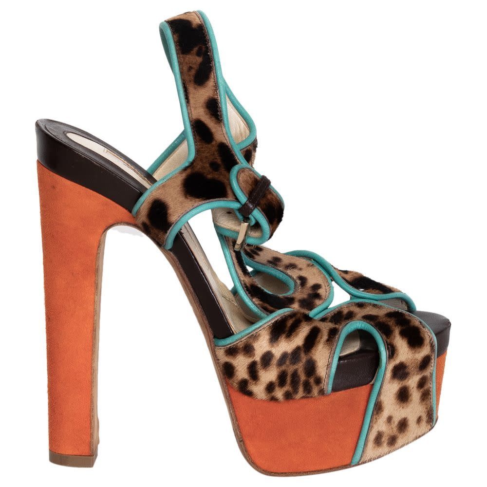 BRIAN ATWOOD CHEETAH CALF HAIR BLOCK HEEL PLATFORM SANDAL (36.5 EU)