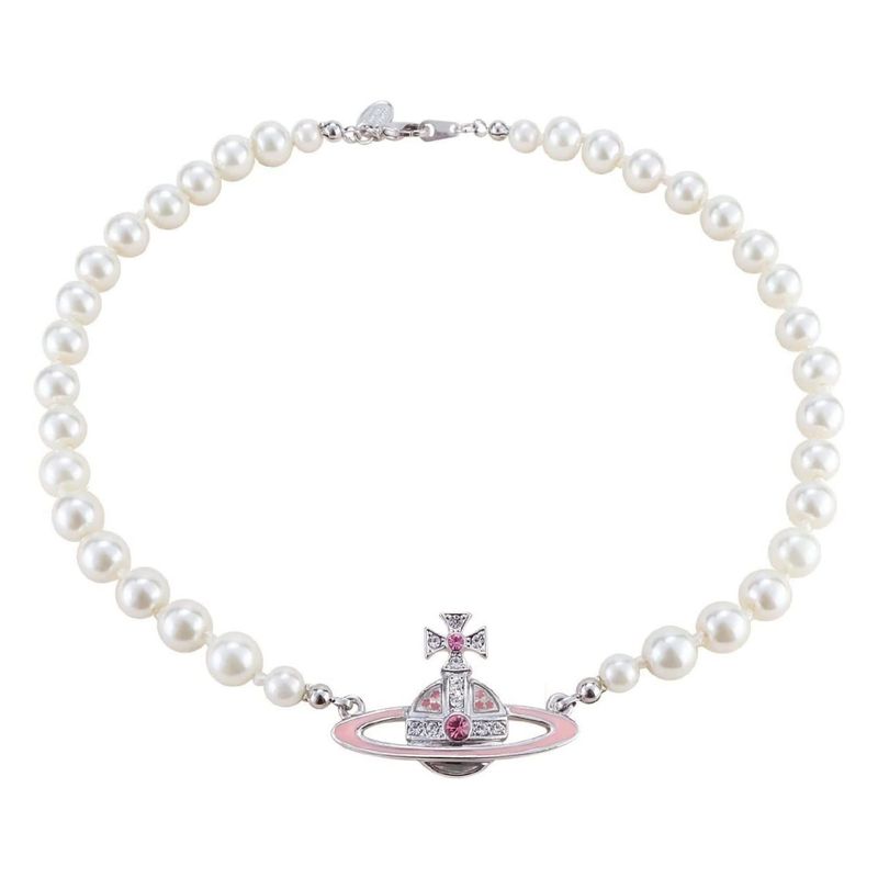 VIVIENNE WESTWOOD BAS RELIEF PEARL ORB CHOKER SILVER &amp; PINK