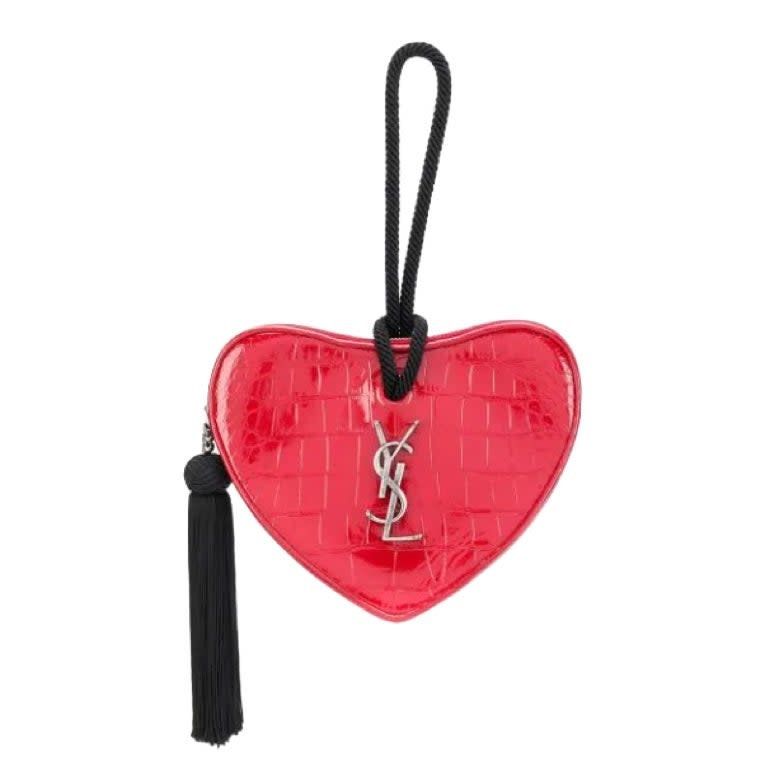 SAINT LAURENT CROC EMBOSSED RED PATENT SAC COEUR HEART CLUTCH BAG