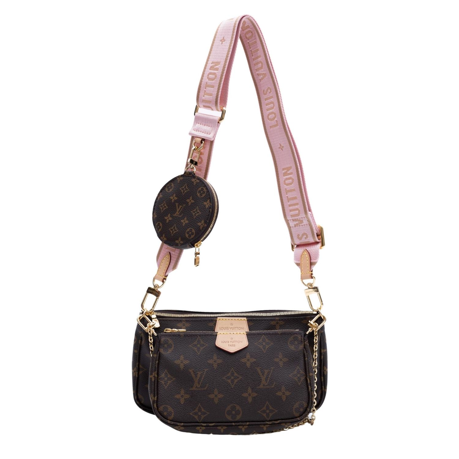 LOUIS VUITTON MONOGRAM PINK STRAP MULTI POCHETTE CROSSBODY BAG