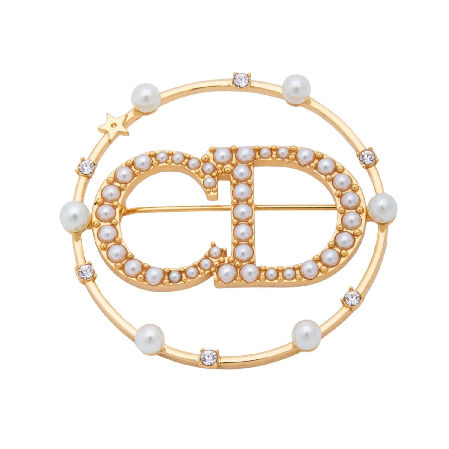 DIOR FAUX PEARLS STARS ROUND CD LOGO BROOCH