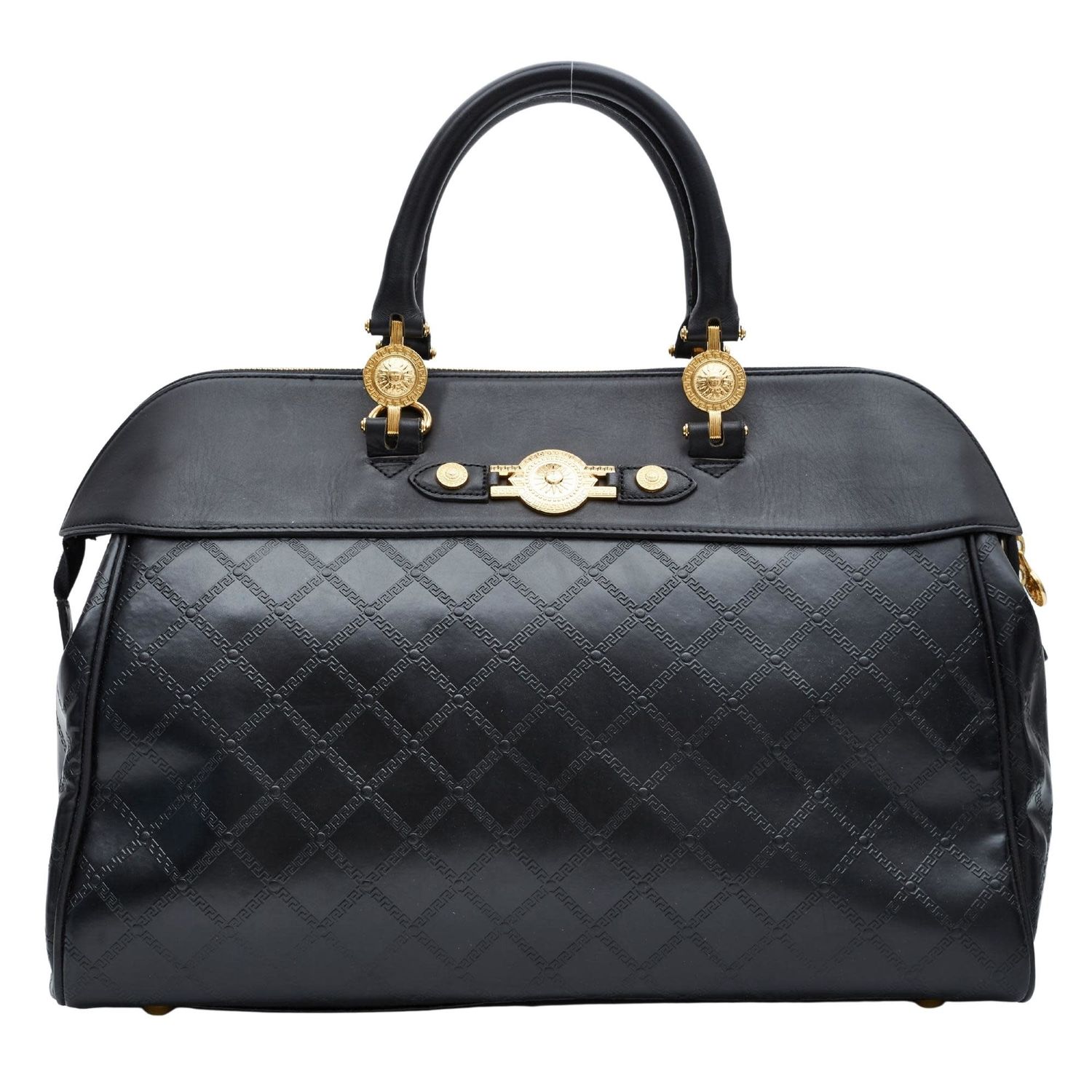 VERSACE VINTAGE BLACK LEATHER MOTIF EMBOSSED BRIEFCASE WEEKEND BAG