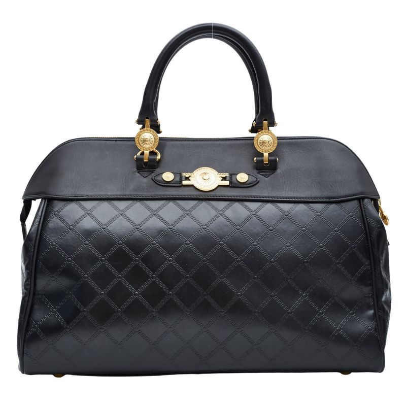 VERSACE VINTAGE BLACK LEATHER MOTIF EMBOSSED BRIEFCASE WEEKEND BAG