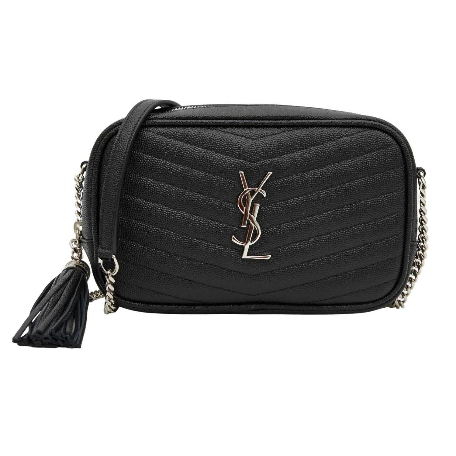 SAINT LAURENT GRAIN DE POUDRE MINI LOU CAMERA BAG BLACK SILVER