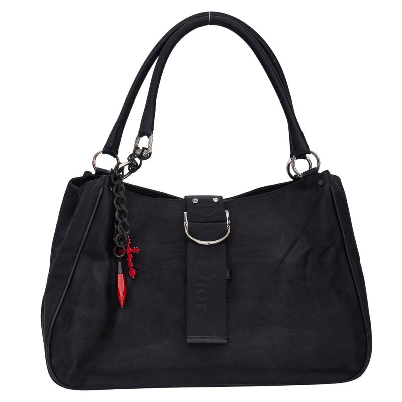 DIOR VINTAGE BLACK CANVAS WITH RED CROSS CHARM SHOULDER BAG (2003)
