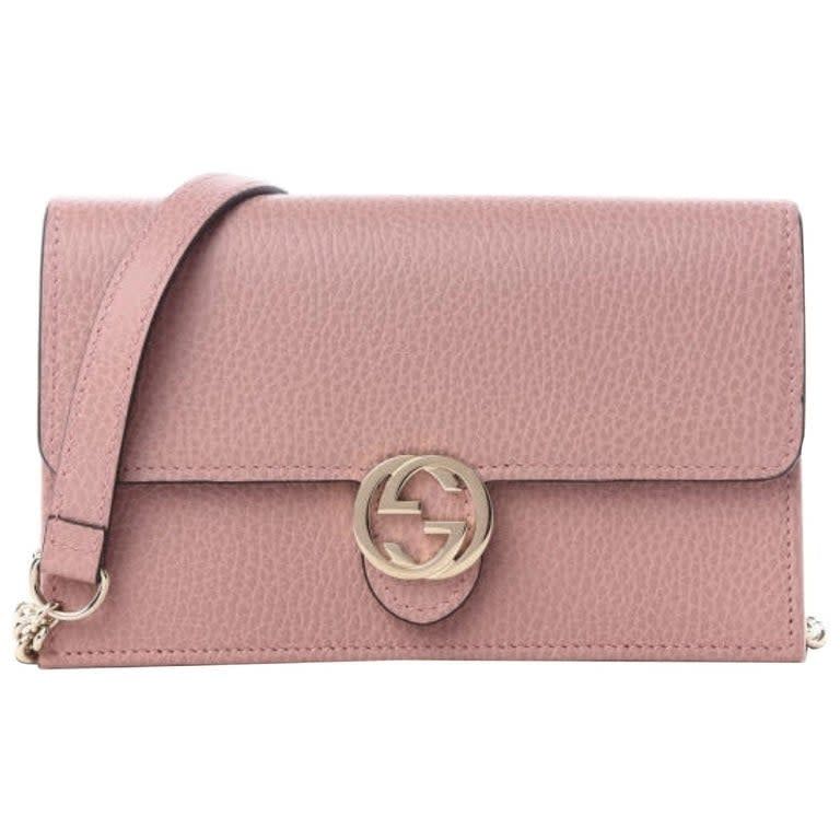 GUCCI DOLLAR CALFSKIN INTERLOCKING GG WALLET ON CHAIN BAG SOFT PINK