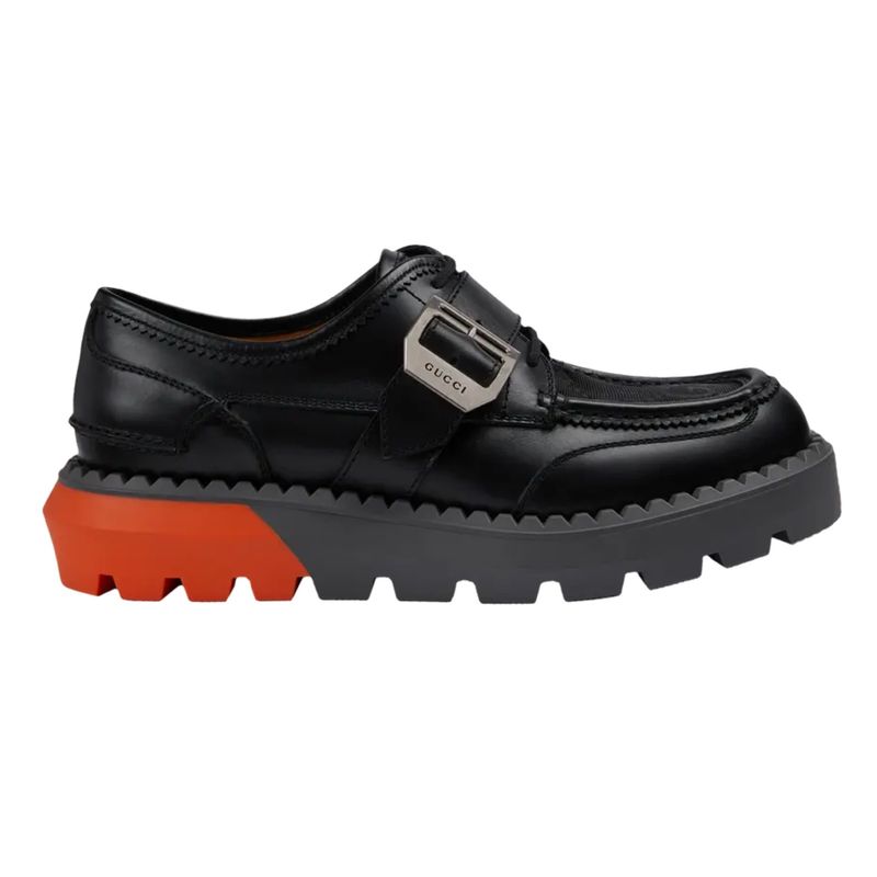 GUCCI LEATHER BLACK ORANGE LACE UP BUCKLE LOAFERS