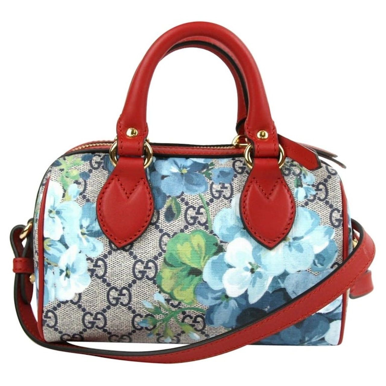GUCCI GG SUPREME CANVAS BLOOMS PRINT MINI BOSTON BLUE/RED