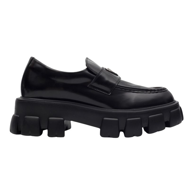 PRADA BRUSHED LEATHER BLACK MONOLITH LOAFER WOMENS