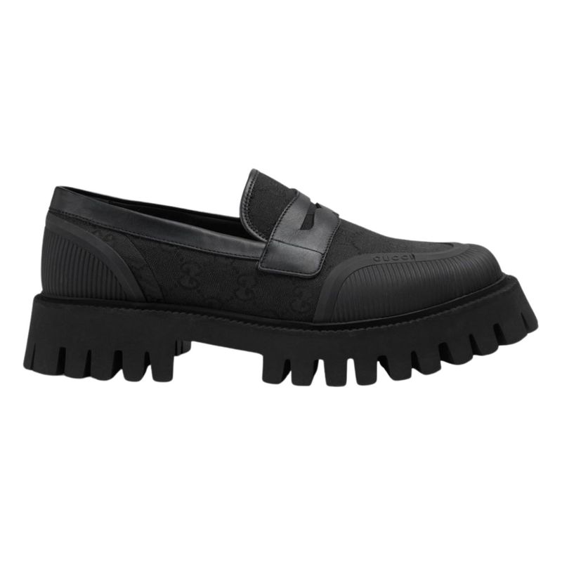 GUCCI JUMBO GG JACQUARD BLACK CANVAS CHUNKY LOAFERS