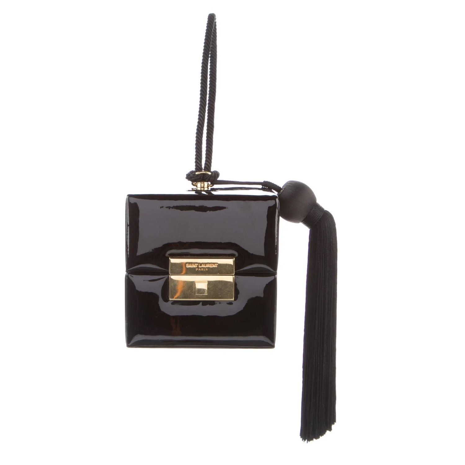 SAINT LAURENT BLACK PATENT CUBE BAG WRISTLET