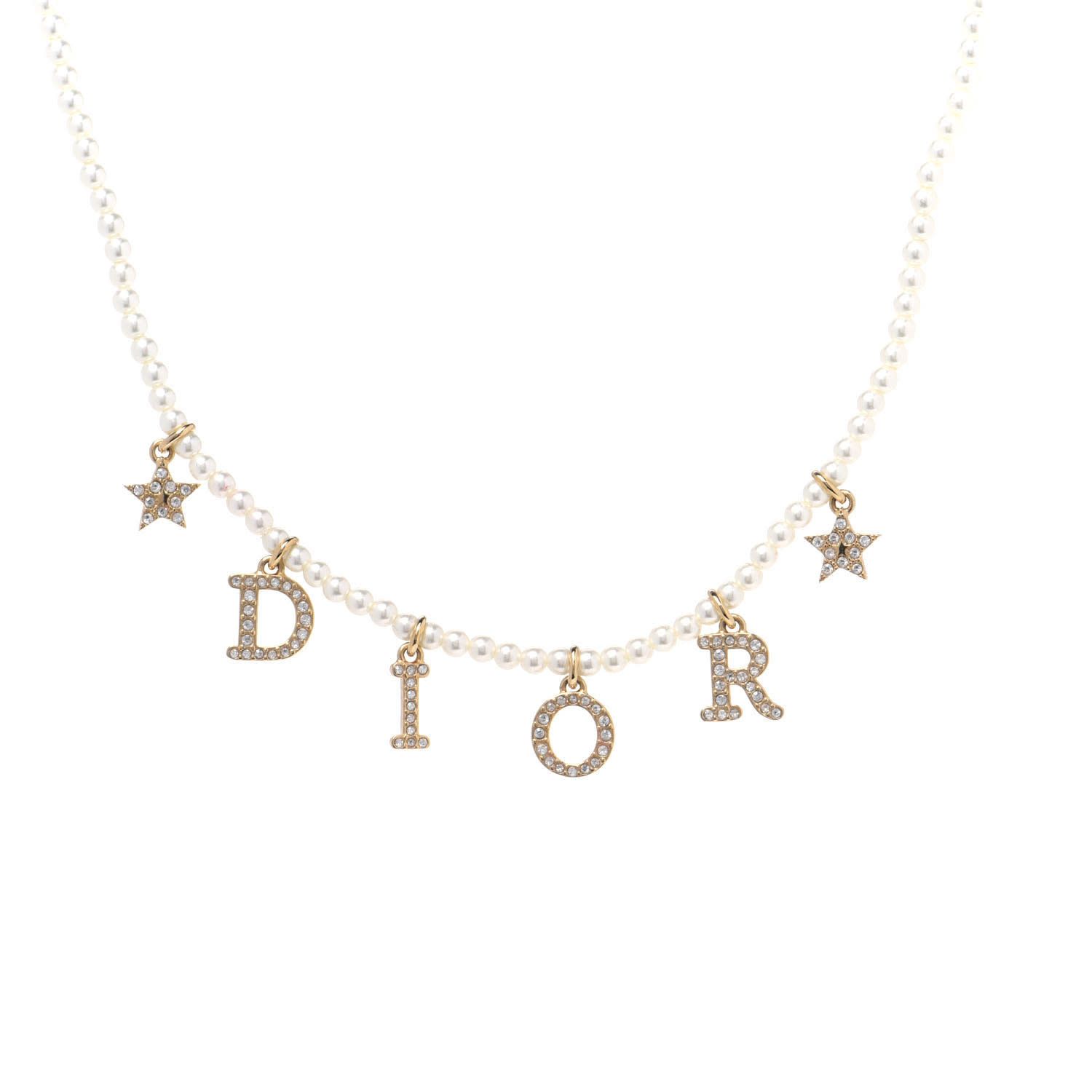 DIOR PEARL CRYSTAL STAR LOGO CHARM NECKLACE GOLD