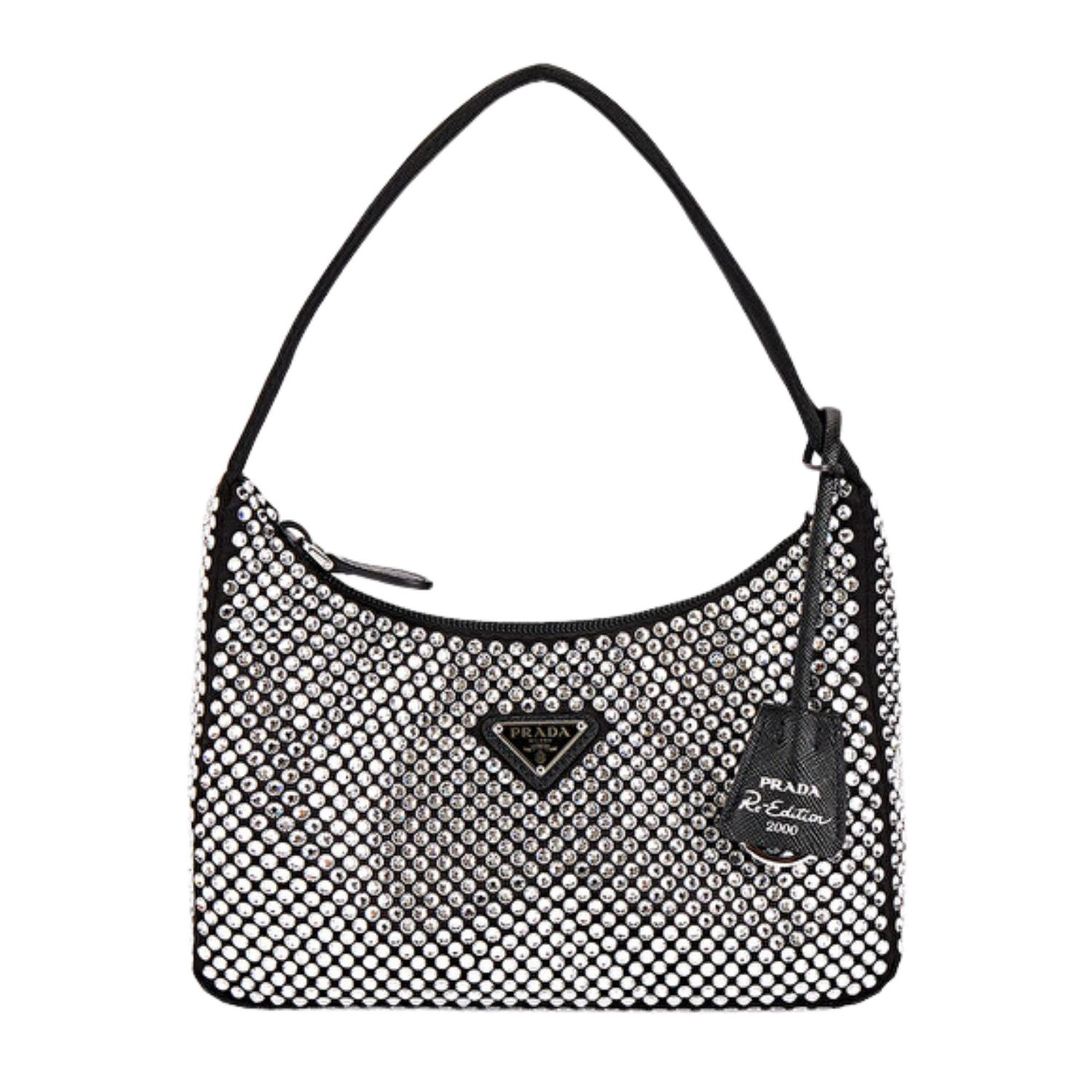 PRADA BLACK SATIN 2021 CRYSTAL RE-EDITION 2000 SHOULDER BAG