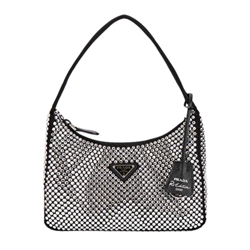 PRADA BLACK SATIN 2021 CRYSTAL RE-EDITION 2000 SHOULDER BAG