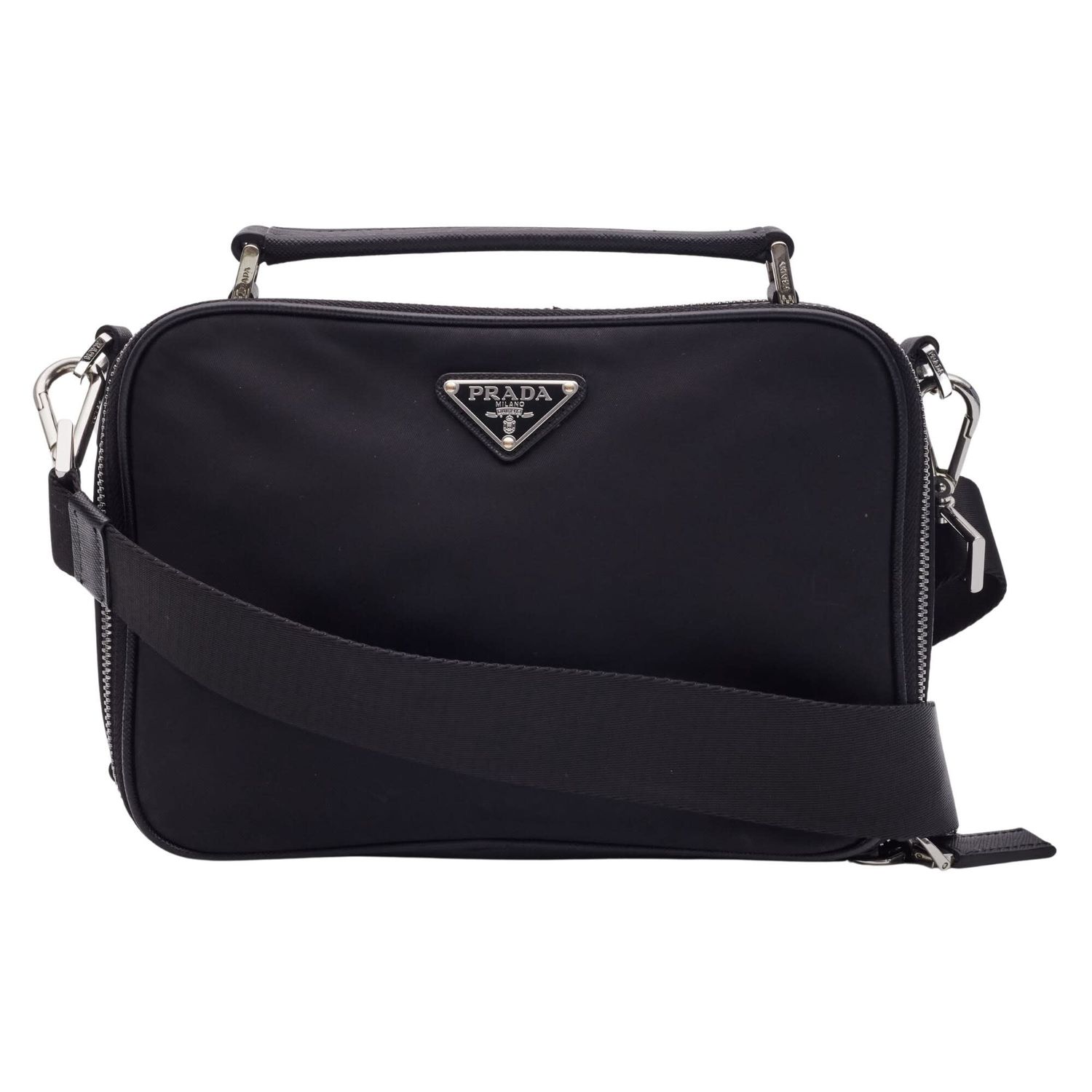 PRADA SAFFIANO TRIMMED TESSUTO BRIQUE CROSSBODY BAG