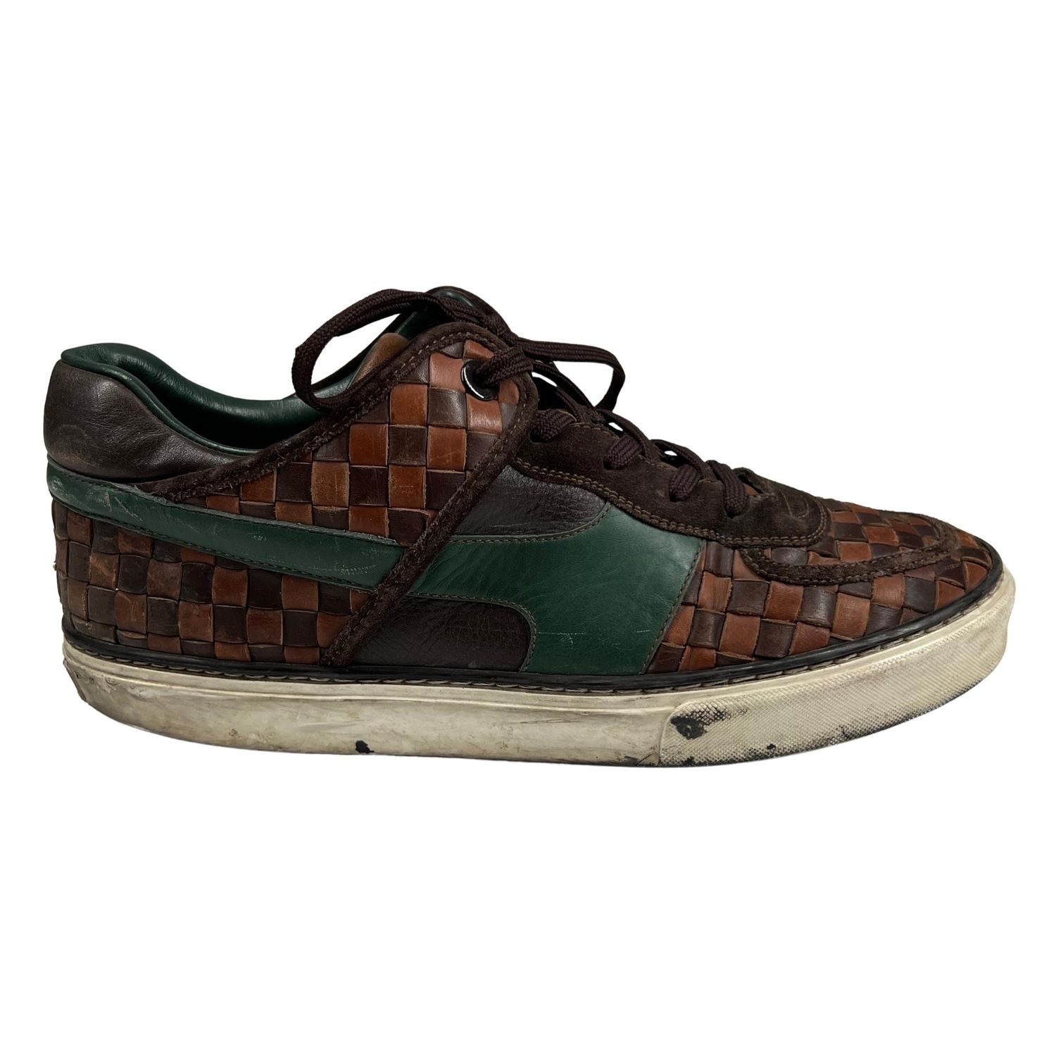 LOUIS VUITTON BROWN GREEN LEATHER WEAVE SNEAKERS (US 7)