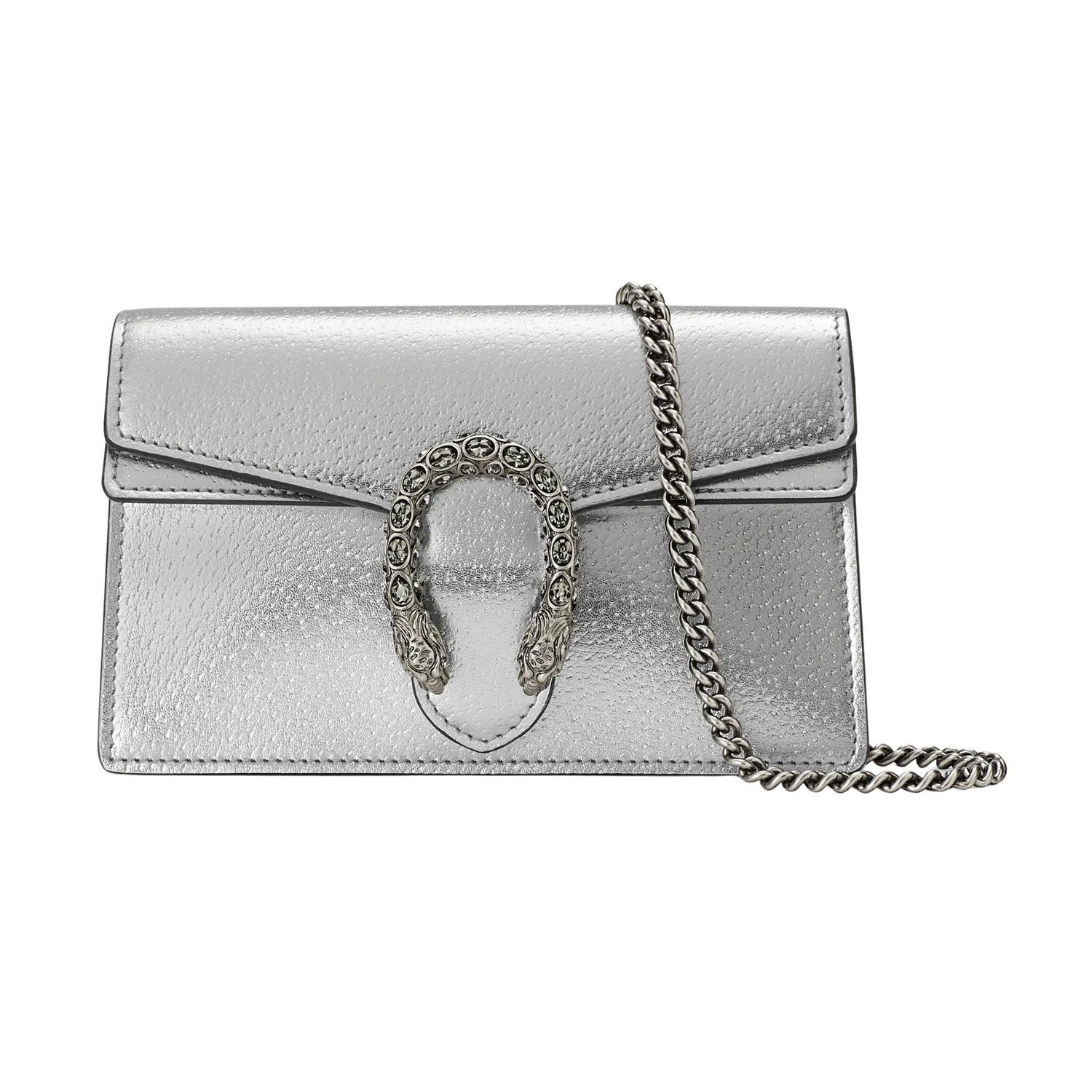 GUCCI SUPER MINI DIONYSUS METALLIC LEATHER BAG SILVER